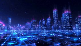 Futuristic cityscape with neon blue lights and glowing skyscrapers, depicting a high-tech urban environment at night Video - Powered by Shutterstock - Get 15% off with code: PIKWIZARD15