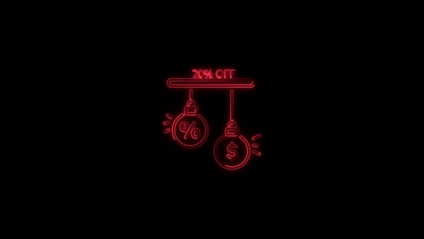 Glowing neon 20% percent off or discount with tube light and dollar sign animation red color, 20 percent off neon text animation concept