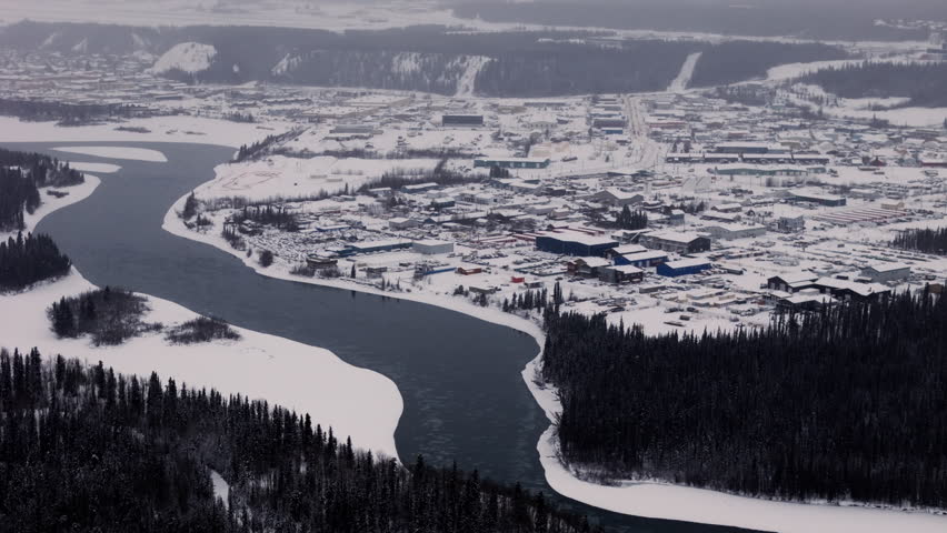Snowscape Town Of Whitehorse In Yukon Territory, Canada. Aerial Drone Shot