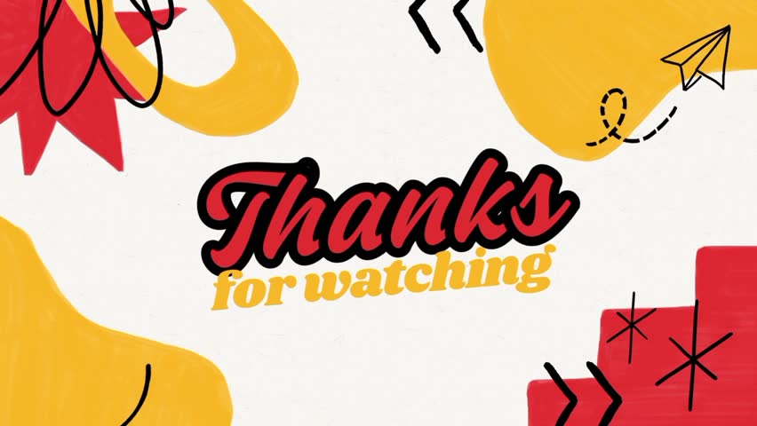 Vibrant graphic featuring 'Thanks for Watching' with artistic shapes, bold colors, and modern typography. Inspirational and creative viewing closure graphic