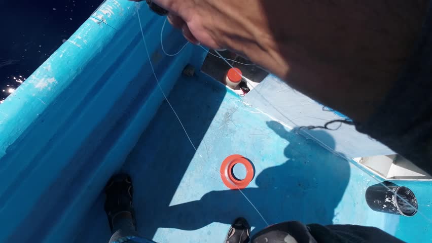 Fisherman in boat catching whi tuna, ocean adventure, excitement, sunny day