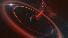 An Alien Planet Bathed in an Eerie Orange Glow, Surrounded by Glowing Rings and Distant Stars, with Mysterious Energy Beams Illuminating the Dark Expanse of Space. Star Wars. The Expanse. Cosmos.  - Powered by Shutterstock - Get 15% off with code: PIKWIZARD15