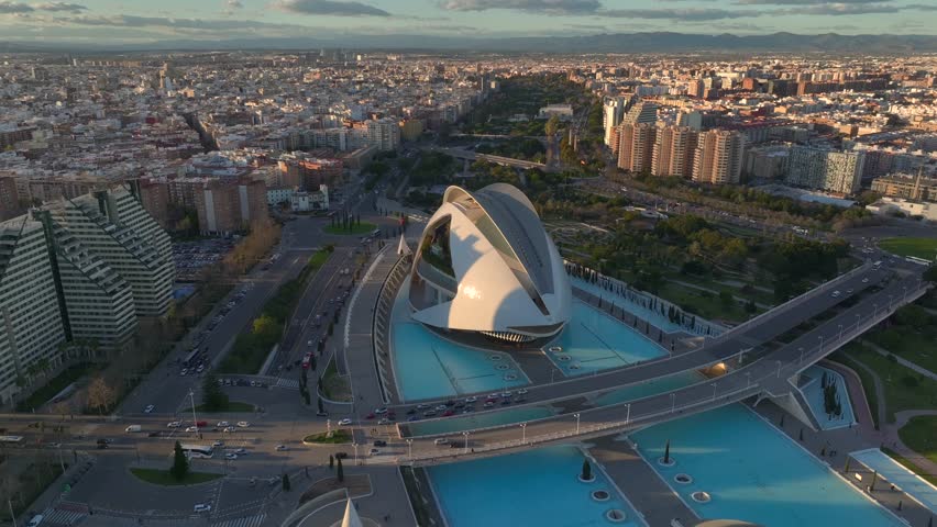 Queen Sofia Palace of Arts, Aerial Hyperlapse around Ciudad de las Artes y las Ciencias In Valencia, Spain during Sunset