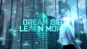 Dream big learn more. Businessman Working in Office among Skyscrapers. Hologram Concept - Powered by Shutterstock - Get 15% off with code: PIKWIZARD15