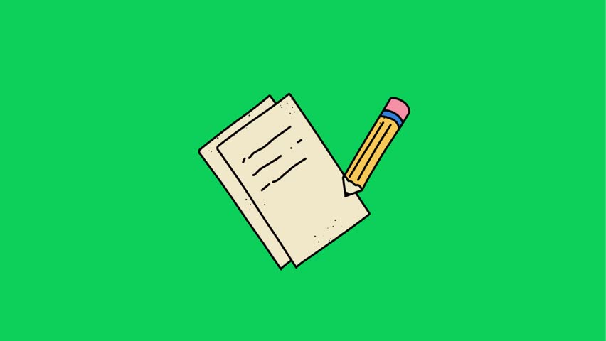  paper document file with pencil writing animation ,4k video animated on green screen background