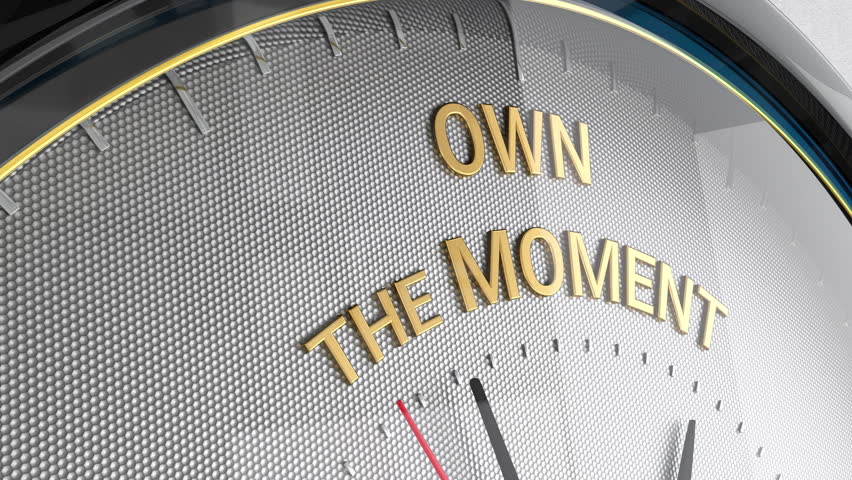 Clock. Own the moment text. About time as a resource in the context of business efficiency 3d Animation. 3D Illustration