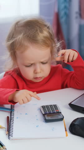 Vertical video. Cute baby girl sits at a desk with a laptop and calculator, focused on the financial data Colorful pencils surround her Freelance and distance work concept