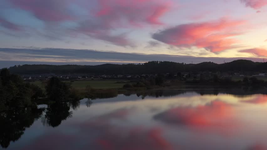 Amazing sunset over Lake Orle near Wejherowo. Poland