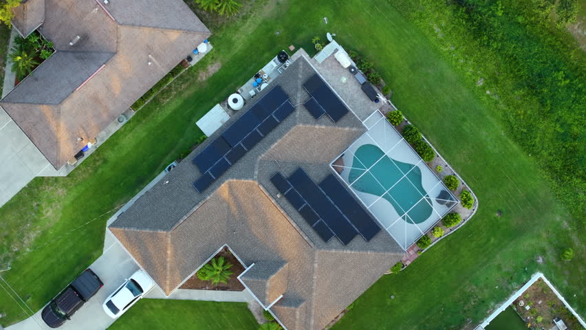 Florida home with outside lanai enclosure over large swimming pool. Concept of outdoor living and having good time in pool water on warm summer sun