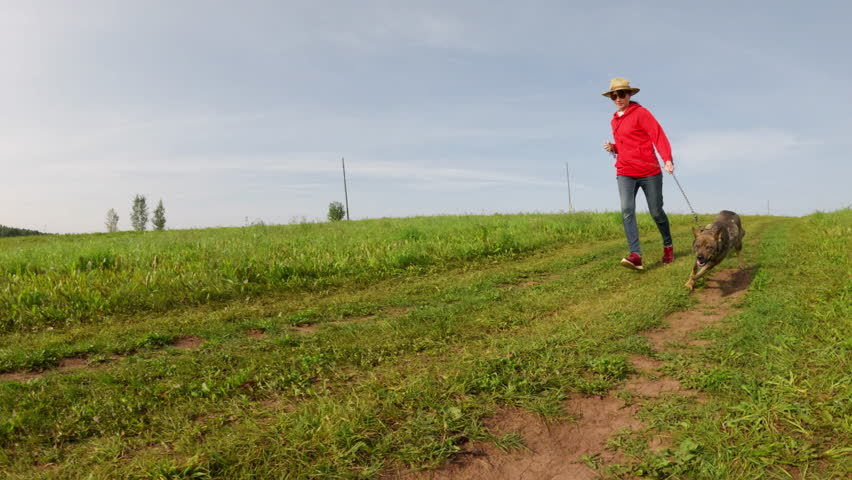 Energetic outdoor scene of woman jogging with large dog on leash through sunny open field. Vibrant setting highlights motion, freedom, fitness, rural landscape, lifestyle themes.