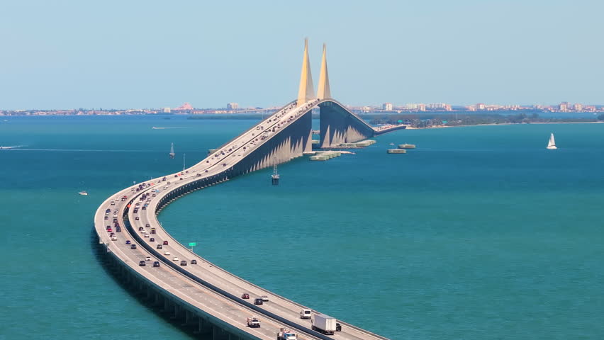 Sunshine Skyway Bridge in Florida, USA. Driving traffic over Tampa Bay