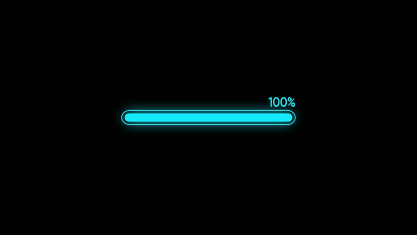 Cyan color loading bar animation on black background . Processing 0 to 100 present.