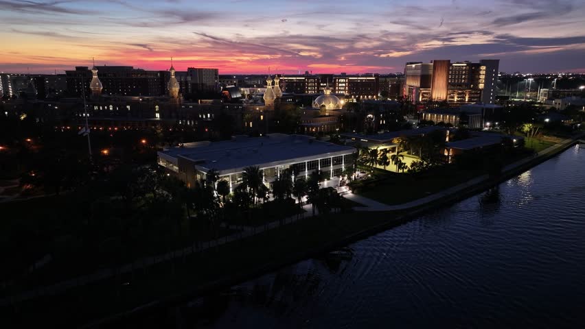 Sunset Skyline University Of Tampa At Tampa In Florida United States. Corporate Building Landscape. Illuminated Skyscraper. Tampa At Florida United States. Traffic Cityscape. Downtown Scenery.