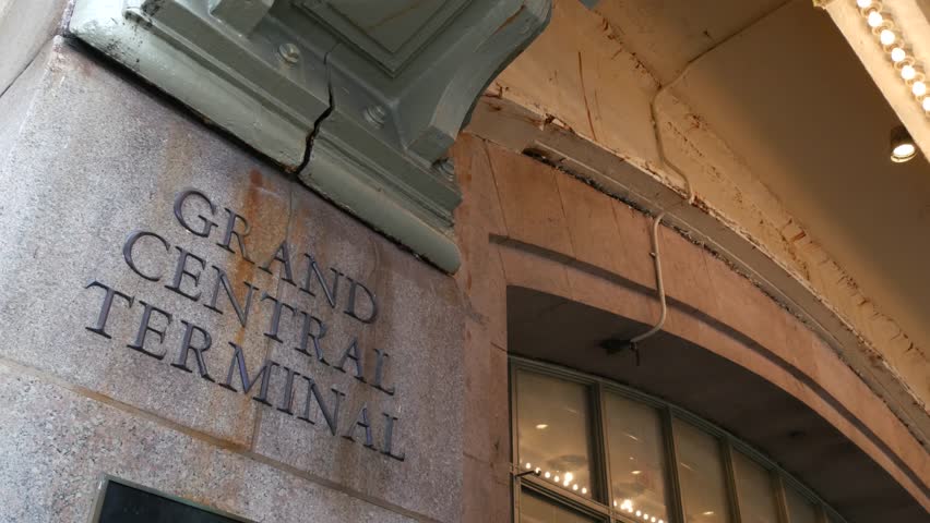 New York City Grand Central Terminal sign. Underground metro, subway station. GCT metropolitan entrance, public passenger transport exit. Railroad, United States railway. Manhattan midtown, 42 street.