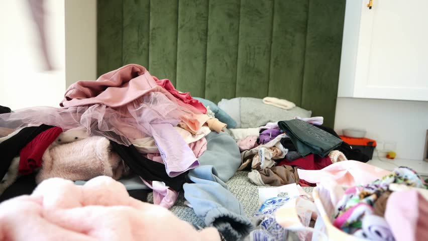A Vibrant and Colorful Pile of Laundry Honestly Spread Out on a Cozy Bed in the Bedroom