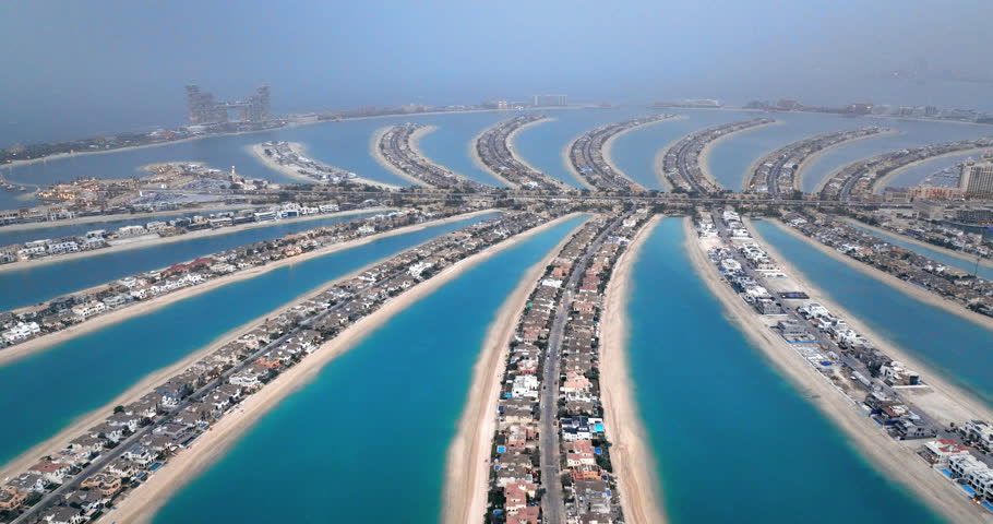 Panoramic aerial view of the Palm Jumeirah islands in Dubai, holiday travel concept