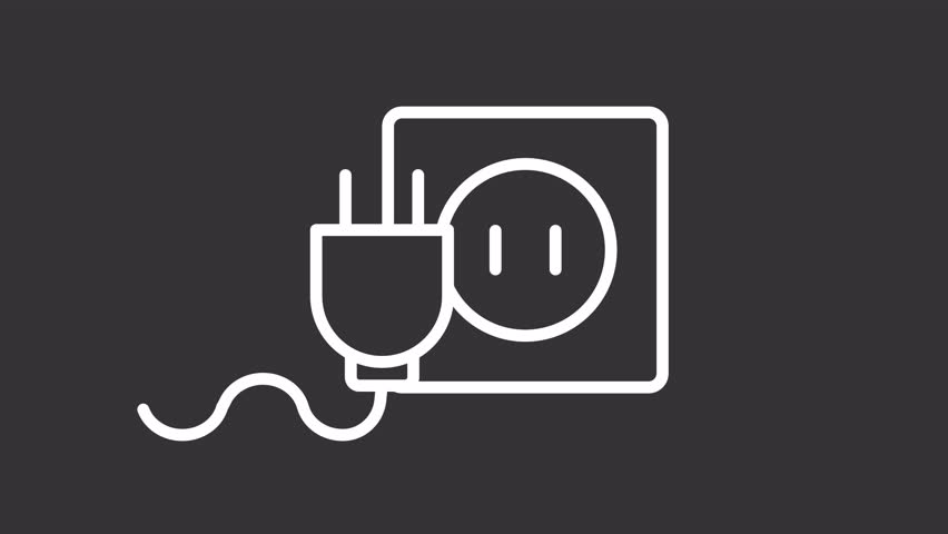 Animated connecting plug to socket white icon. Electric network line animation. Switching on appliance in outlet. Isolated illustration on dark background. Transition alpha video. Motion graphic