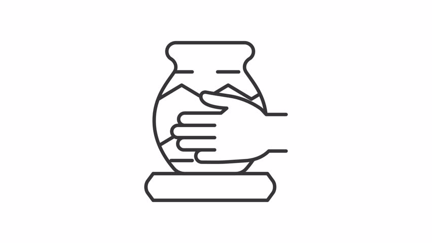 Pottery line animation. Potter making animated icon. Moving hand. Rotating clay pot. Handmade, craft. Black illustration on white background. HD video with alpha channel. Motion graphic