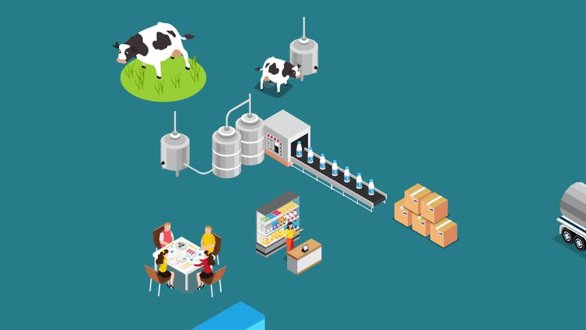 Dairy Production and Supply Chain Process with Cows, Processing Equipment, and Logistics 3d animation cartoon