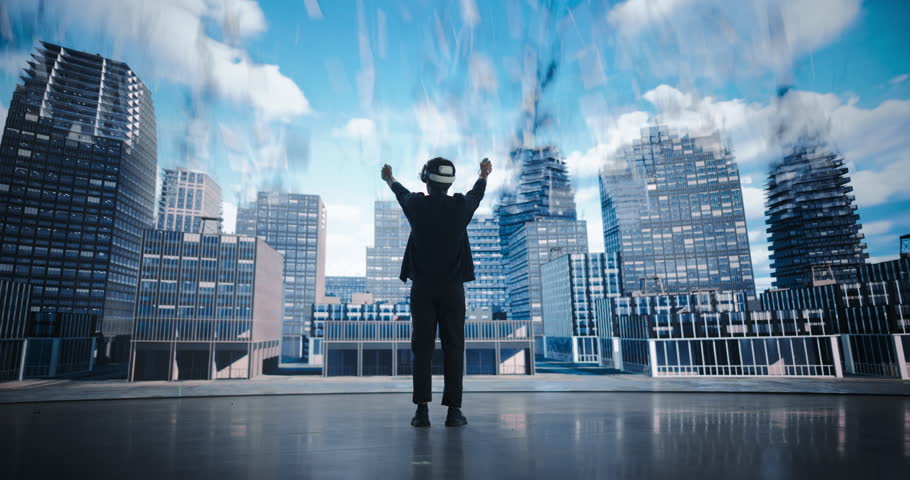 Visionary Architect, Immersed in Virtual Reality Software, Designs a Sustainable Eco-City. Massive LED Wall Displays the Evolving Metropolis Cityscape, Reflecting the Artistic Vision