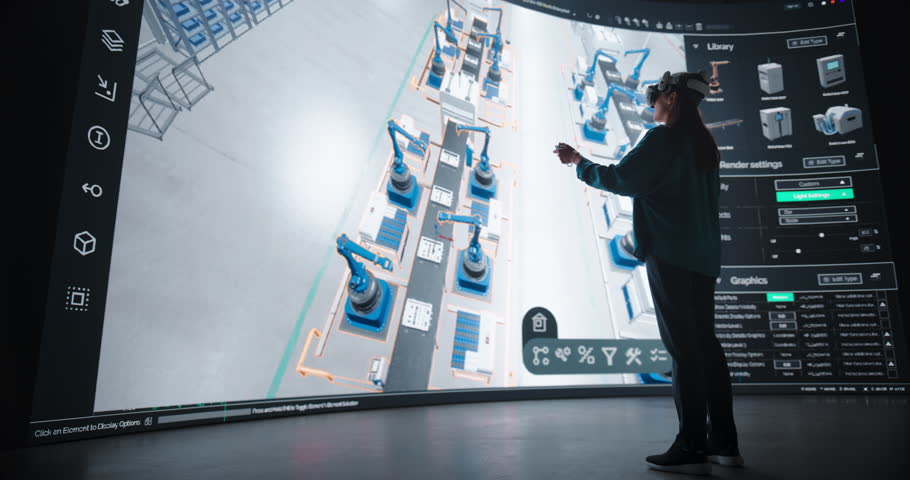 Female Designer in Virtual Reality Headset Expertly Crafts an Automated Factory Layout with Robotic Arms on a Large Digital Interface. Futuristic Assembly Line Model with Advanced Robotics