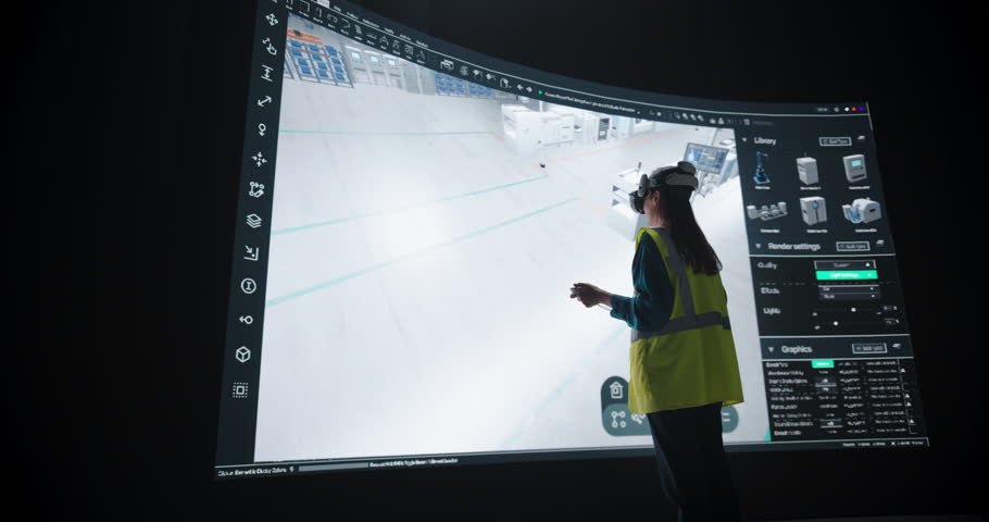 Manufacturing Female Engineer in VR Headset Optimizes Production Flow in a Simulated Factory Environment. Specialist in High-Visibility Vest Analyzing and Improving the Manufacturing Process