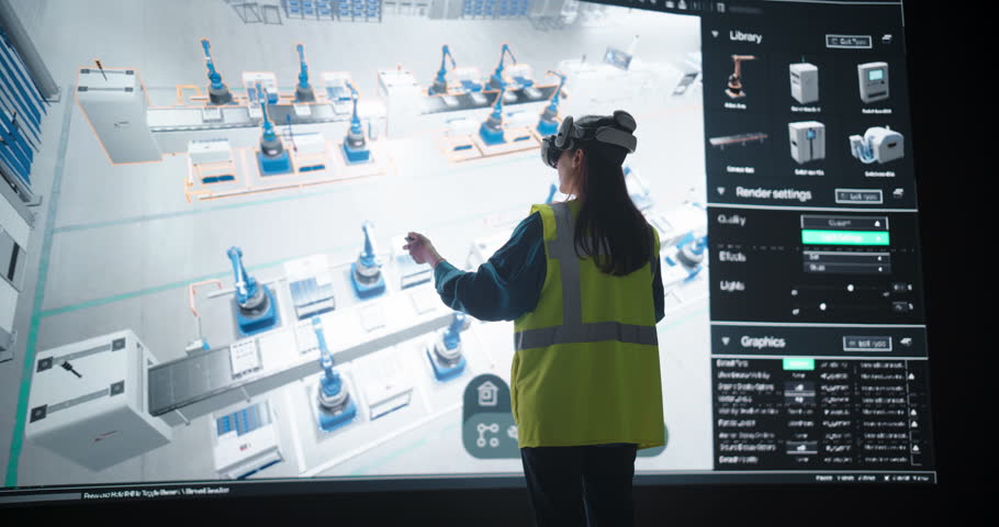 Manufacturing Female Engineer Activates a VR Software in Order to Optimize Production Flow in a Simulated Factory Environment. Specialist in High-Visibility Vest Improving the Manufacturing Process