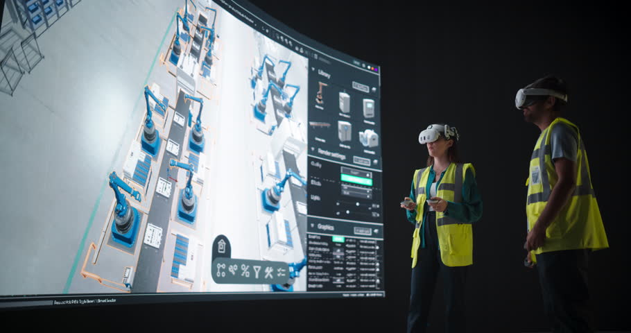 Male and Female Industrial Designers Using Virtual Reality Technology to Optimize a Smart Factory Floor. Engineers Experiment with Virtual Layouts, Simulate Production Flows and Manufacturing Process