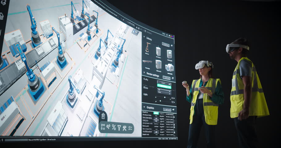 Female and Male Engineers Wearing VR Headsets and Collaborating on a Robotics Factory Modular Design with Robotic Arms. Young Specialists Work on Assembly Line Model with Advanced Manufacturing Robots