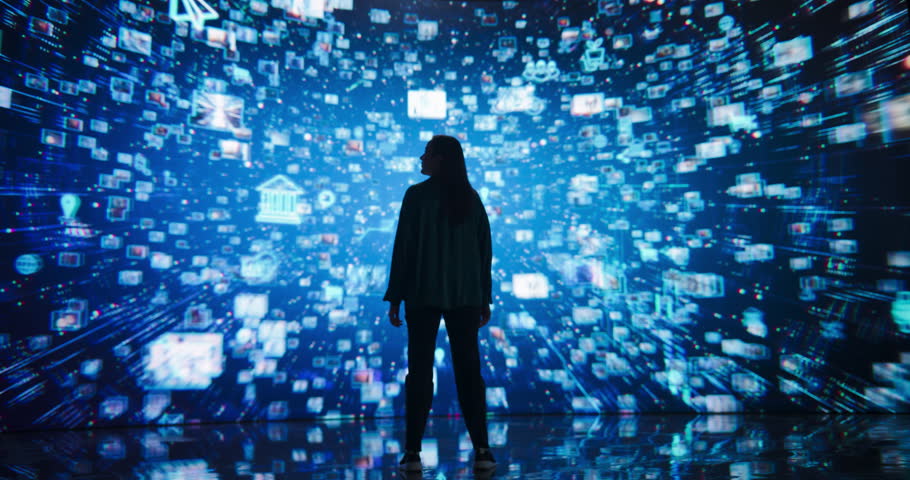 Young Woman Standing Before a Dynamic Digital Screen, Immersed in Internet Visualization. Internet Cyberspace with Web Content, Icons, Animated Stream of Online Applications and Entertainment