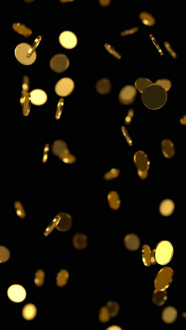 Golden coins falling, alpha channel. 3d render 4K loop vertical or mobile animation.