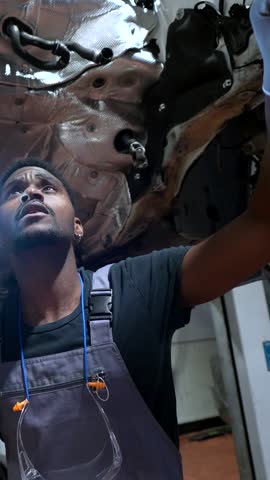 Mechanic inspecting a car engine from below while using a flashlight for better visibility and thorough examination