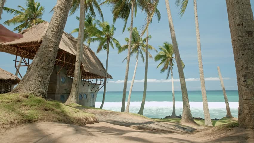 Summer of young woman sitting on swing on the beach on blue sea and green palms background and having fun. Happy female relaxing in hammock on a tropical beach. Young girls traveler enjoying. Summer