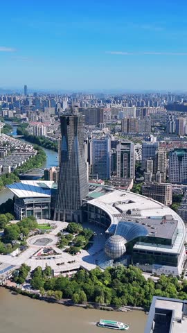 Aerial view of West Lake Cultural Square and Wulin Square in Hangzhou, China