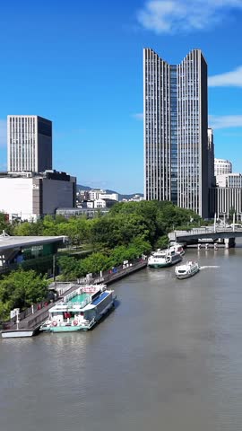 Aerial view of West Lake Cultural Square and Wulin Square in Hangzhou, China