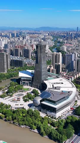 Aerial view of West Lake Cultural Square and Wulin Square in Hangzhou, China