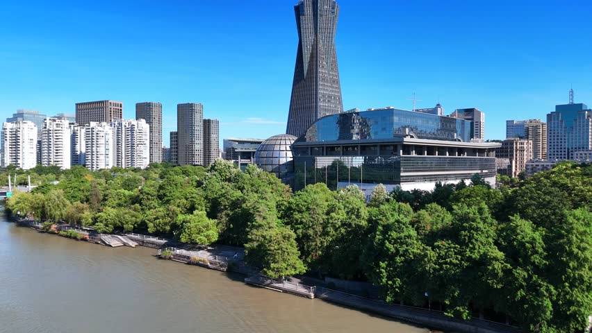 Aerial view of West Lake Cultural Square and Wulin Square in Hangzhou, China