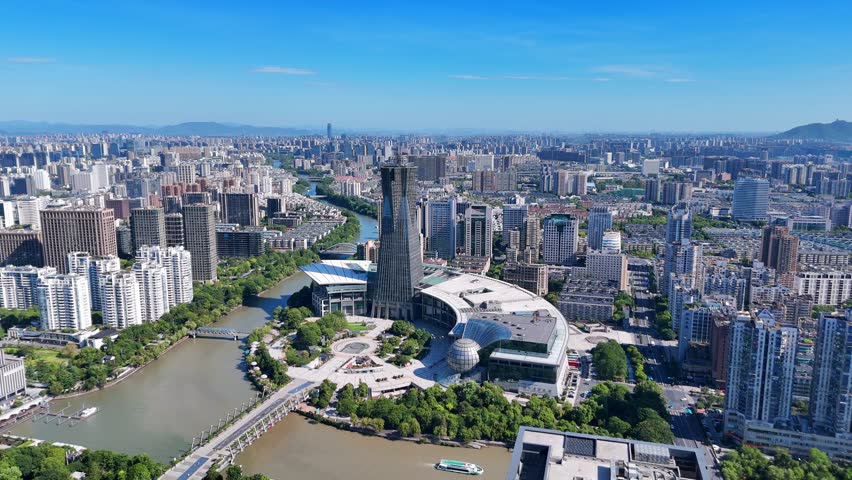 Aerial view of West Lake Cultural Square and Wulin Square in Hangzhou, China