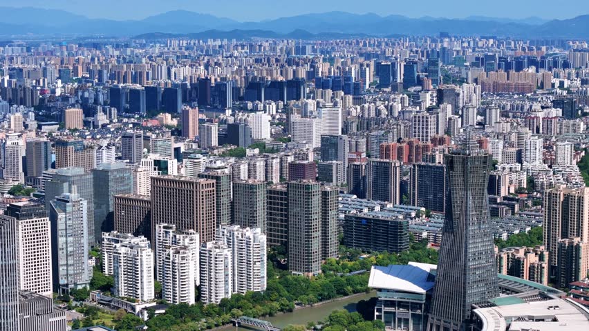 Aerial view of West Lake Cultural Square and Wulin Square in Hangzhou, China