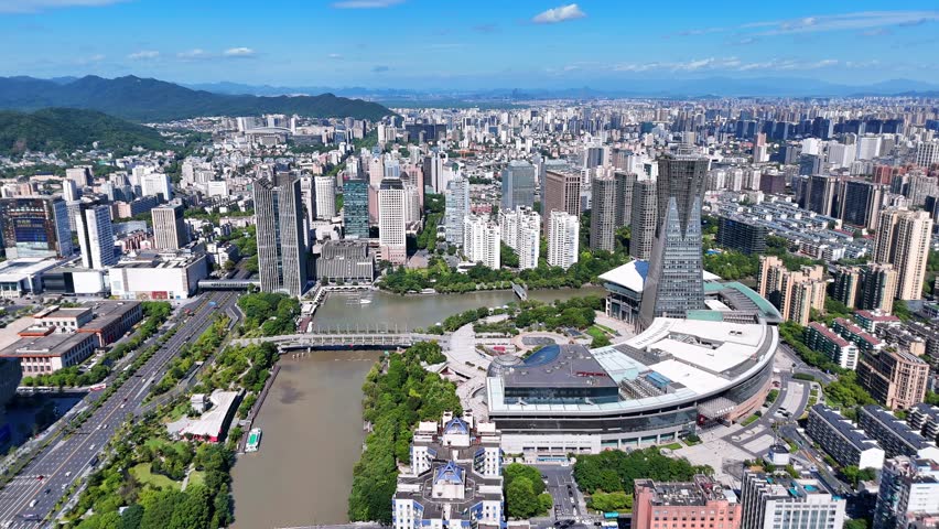 Aerial view of West Lake Cultural Square and Wulin Square in Hangzhou, China