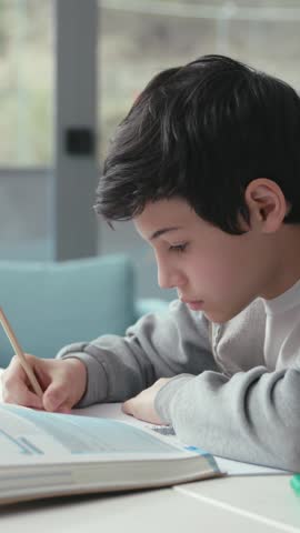 Vertical Screen: Smart young student sitting at desk at home and studying, he is writing notes