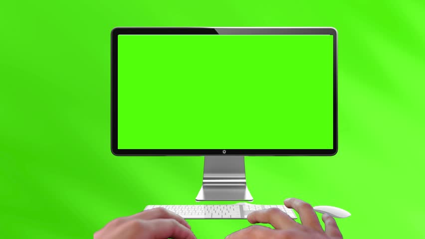 Green Screen Computer Usage Animation - Work Environment Video Design with Hands Using Keyboard and Modern Monitor on Green Chroma Background