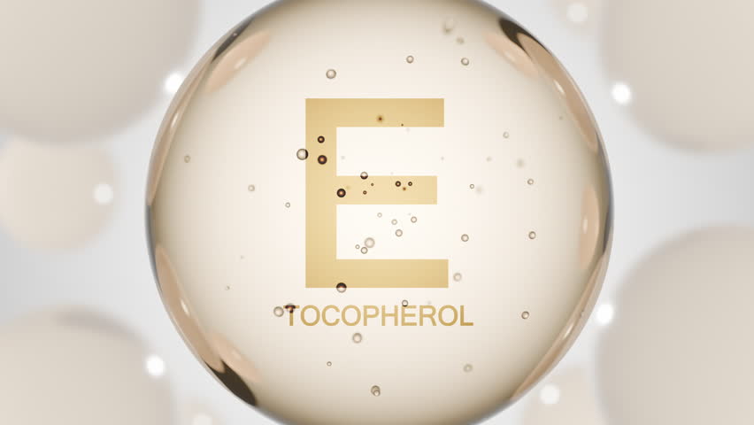 Drop water serum with vitamin E or Tocopherol. Vitamins complex with molecule atom. Nutrition skin care cosmetics concept