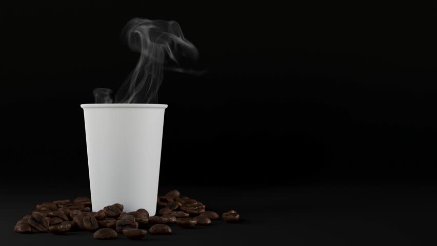White coffee cup with hot drink and steam, and with coffee beans on black background. 3D animation. Coffee to go. Copy space. Place for text and designs. Template.