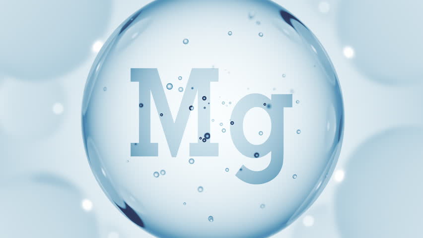 A blue glossy sphere with mineral Mg. Magnesium pill capsule. Abstract 3D bubble drop background