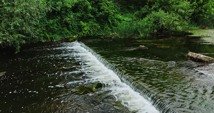 Man Made Concrete Step To Decrease River Speed Prevent Overflow Green Algae Zoom Out Drone