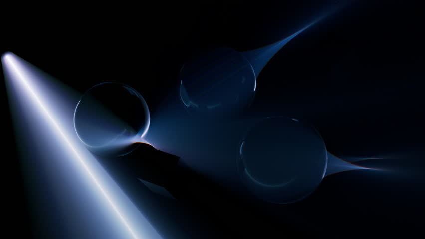 Light rays refraction through glass spheres 3d animation. Volumetric caustics optical effect.