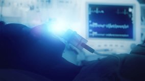 Female patient on life support with oxygen mask in hospital intensive care unit. Emergency treatment and monitoring in ICU with vital signs on screen, healthcare, medical care, and recovery treatment - Powered by Shutterstock - Get 15% off with code: PIKWIZARD15