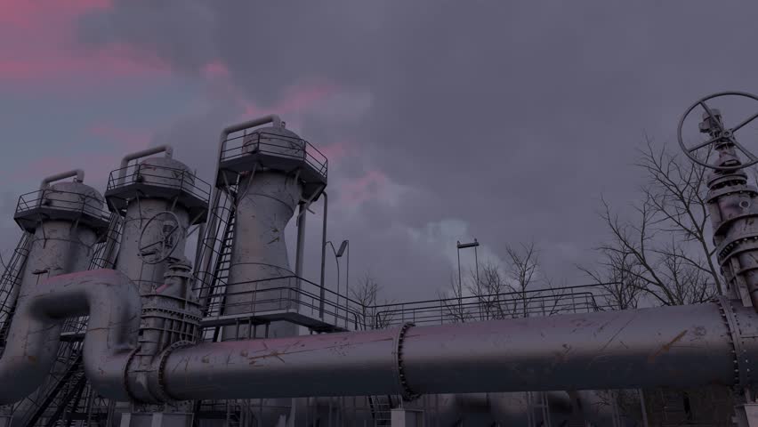 Abandoned chemical factory. Details of old facility: rusty pipeline, tubes, stairs and broken refraction tower. Time lapse. 3d rendering.