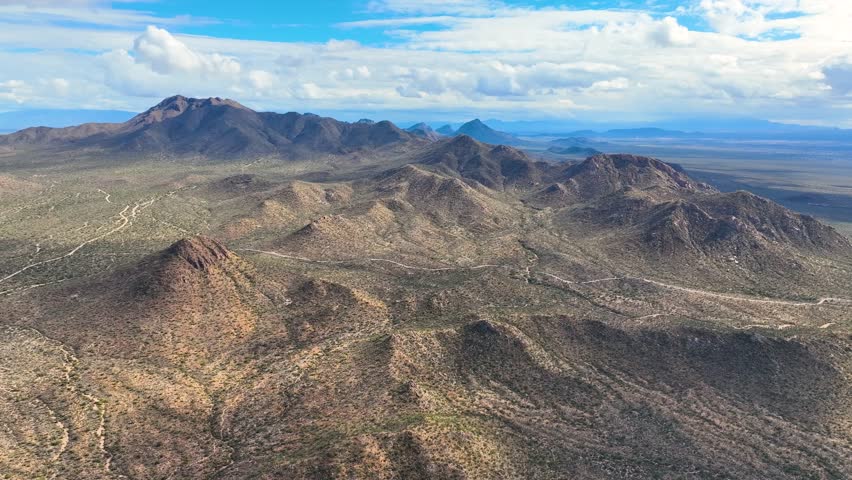 Wasson Peak aerial view with Sonoran Desert landscape in Tucson Mountain District in Saguaro National Park in city of Tucson, Arizona AZ, USA. 